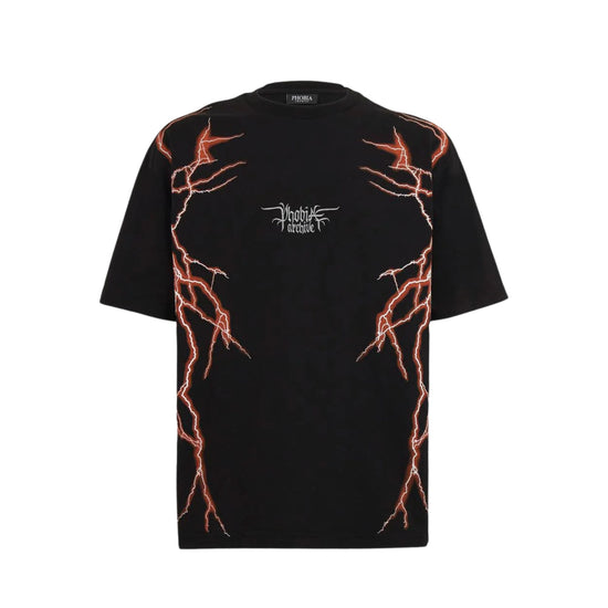 T-shirt Uomo Nera con stampa fulmini laterale arancione