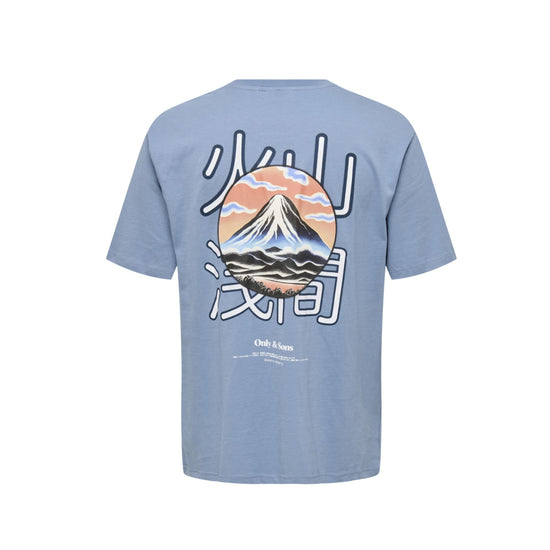 T-shirt Uomo Celeste con grafica montagna sul retro