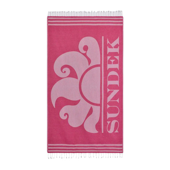 Telo Fucsia con frange laterali e slogan jacquard a contrasto