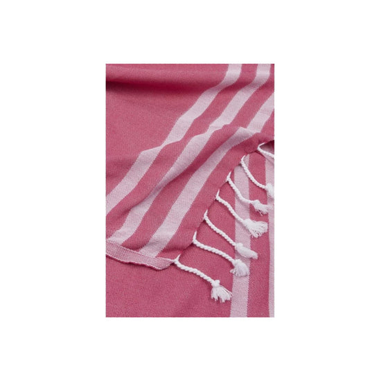 Telo Fucsia con frange laterali e slogan jacquard a contrasto