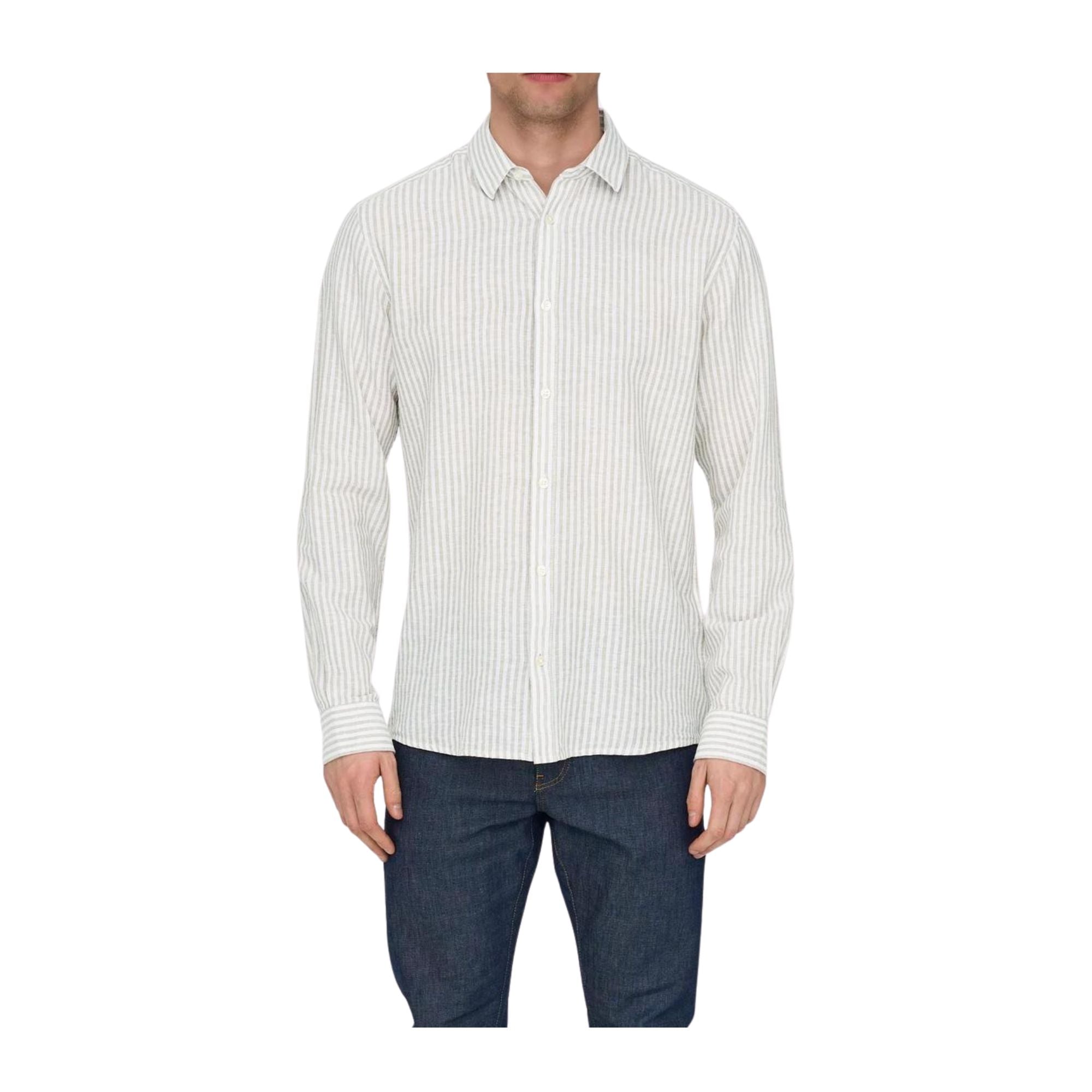 Camicia in misto lino con maniche lunghe a righe