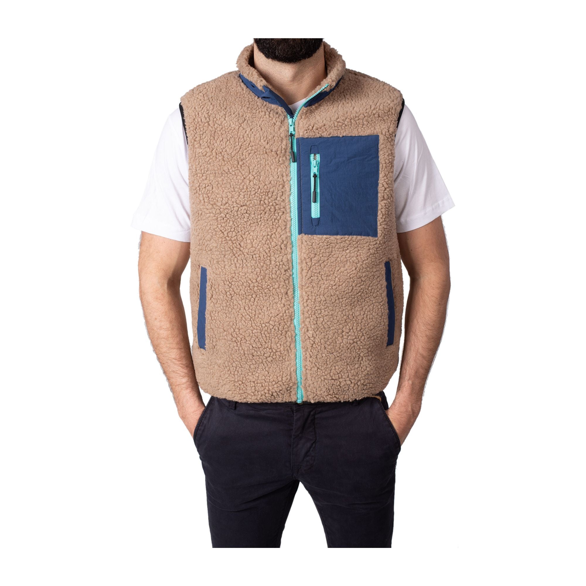 Gilet Uomo modello Sherpa South Pole Beige con zip e tasca in contrasto sul petto