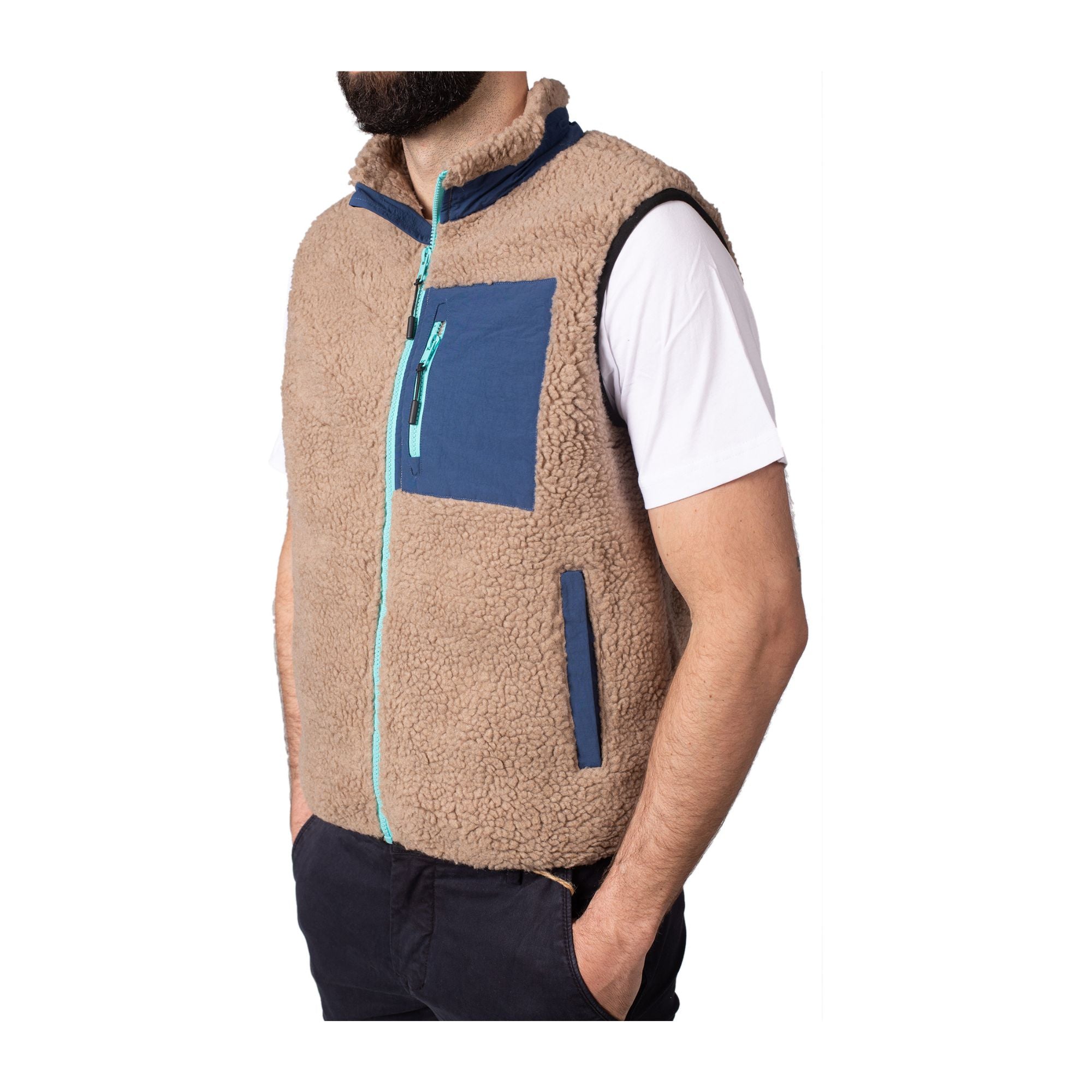 Gilet Uomo modello Sherpa South Pole Beige con zip e tasca in contrasto sul petto