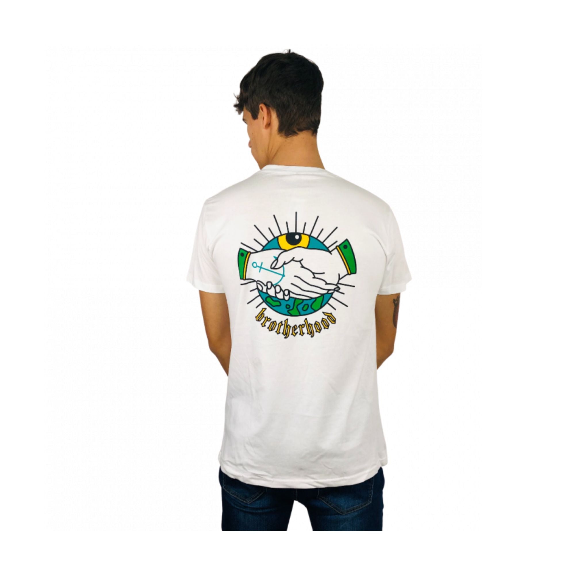 Retro T-shirt con maniche corte e stampa sul petto e sul retro Brotherhood colore Bianco